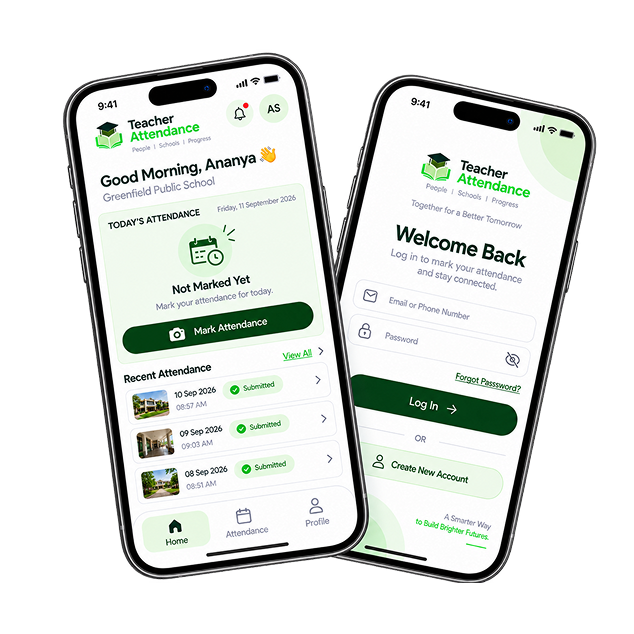 Teacher Attendance app shown on two smartphones